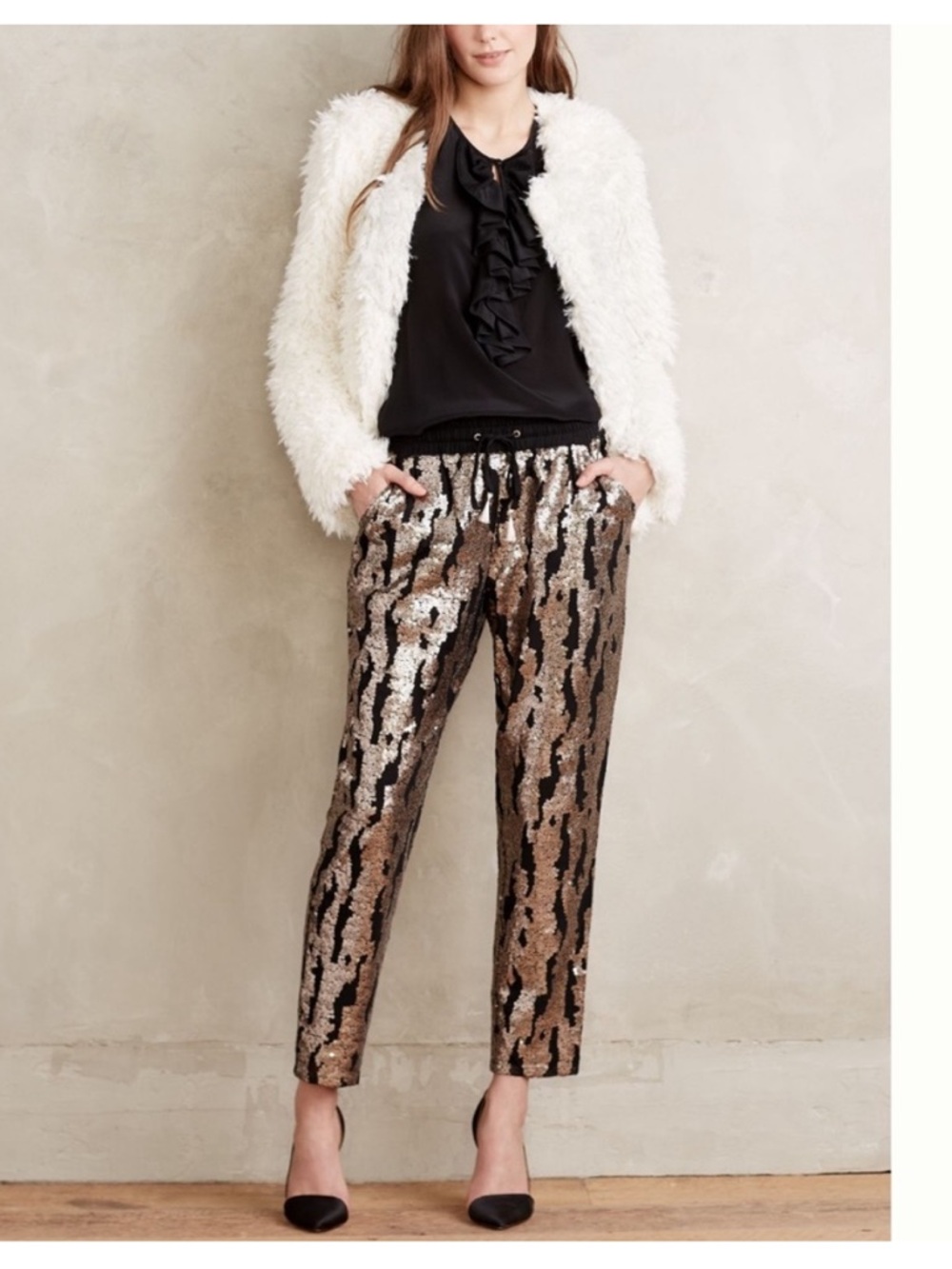 ANTHROPOLOGIE Black & Rose Gold Sequin Ankle Pants